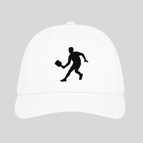 White cap with black silhouette of a person playing frisbee on a gray background